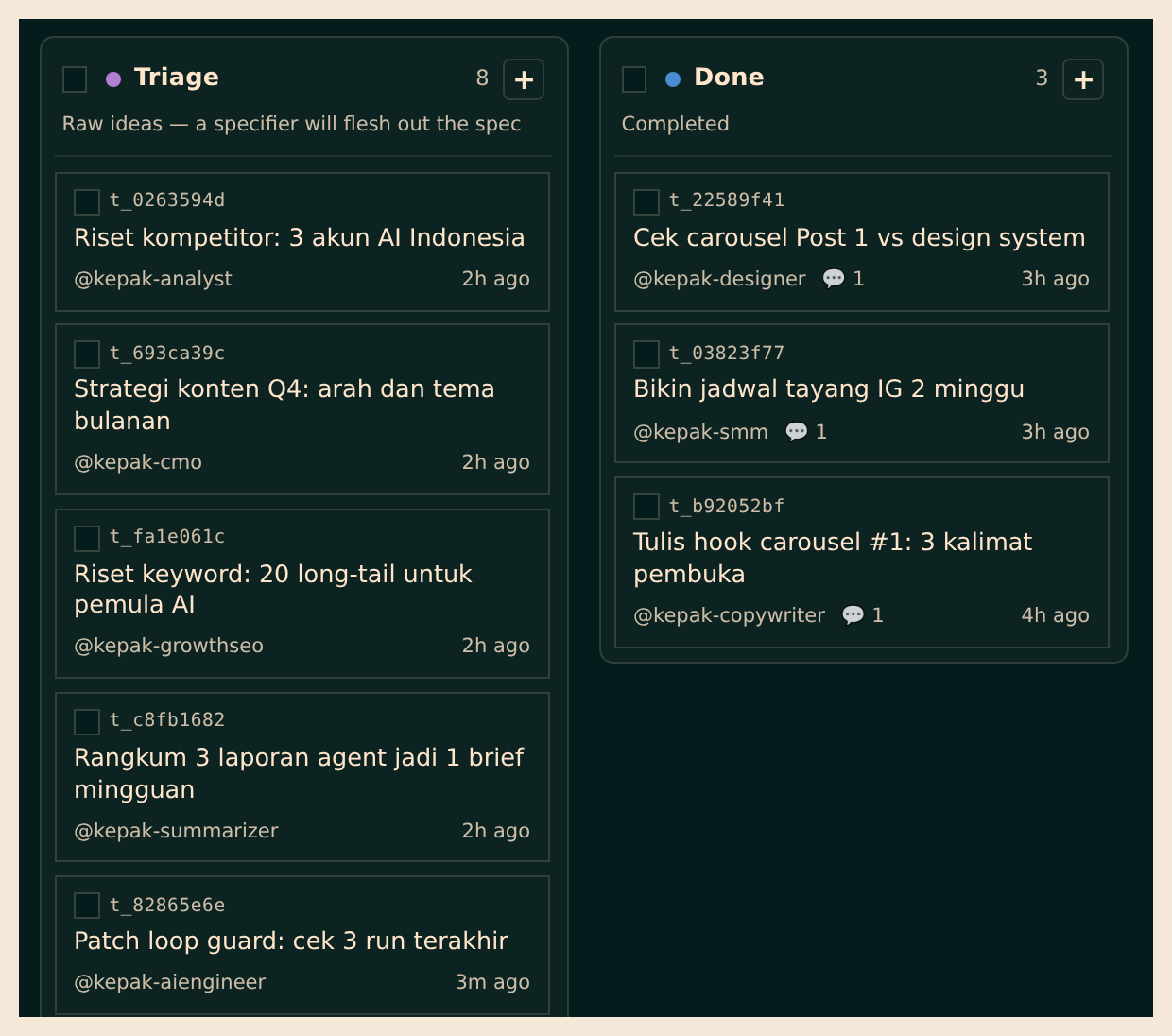 Board Hermes Kanban: kolom Triage dan Done, tiap kartu punya nama agent